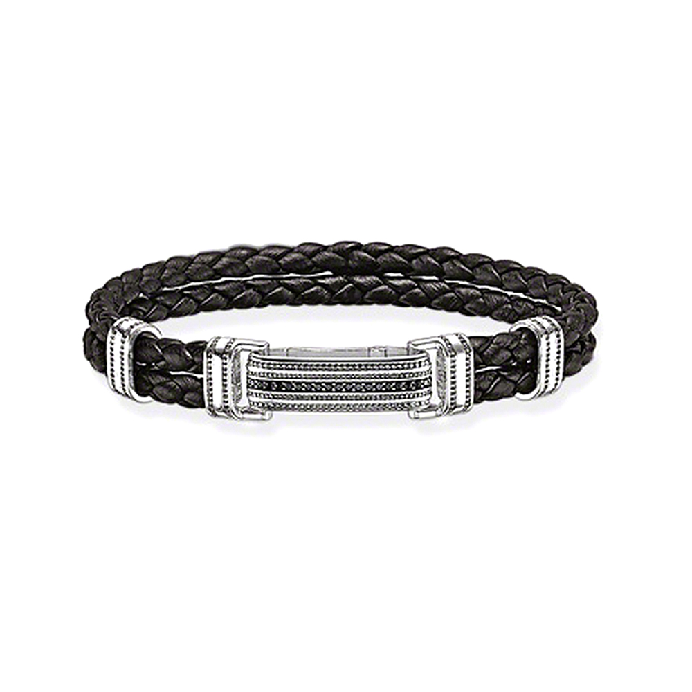 Shiny black braided leather silver wholesale men's bracelets
