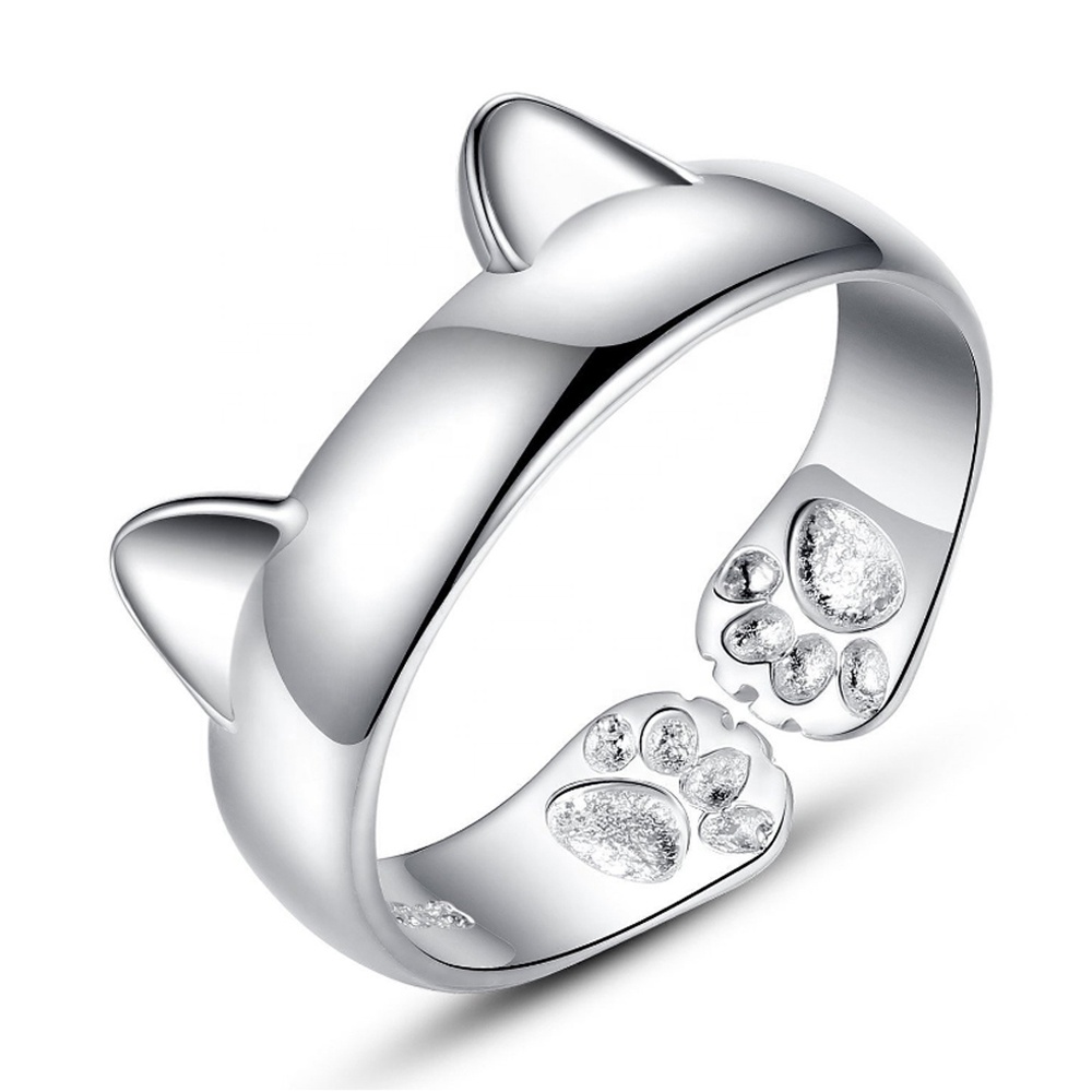 High Quality Adjustable Cat Shape Silver Animal Rings