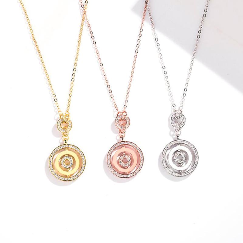 Rotatable Disc Pendant With Three Rings Clavicle Chain Necklace