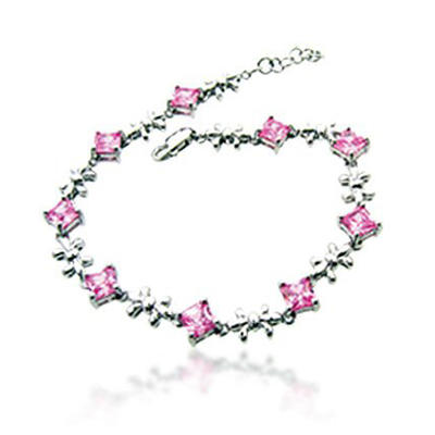Elegant flower ring silver bracelet with smart pink gems for ladies