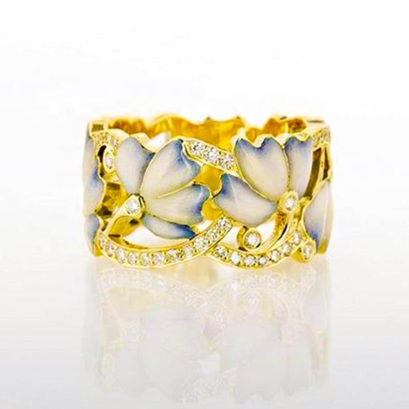 Cloisonne Enamel Blue And White Glue Butterfly Ring Gold Plated