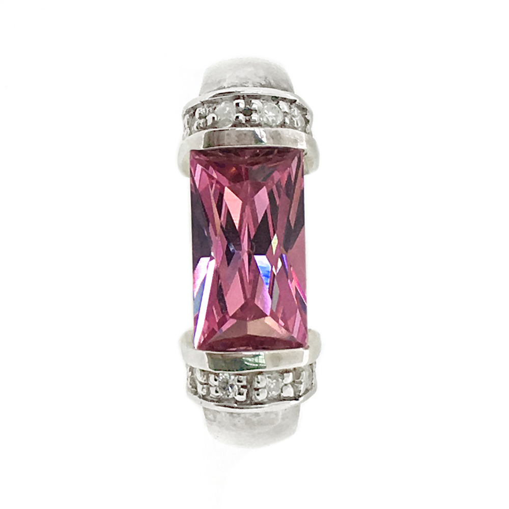 Fashion Tone Rectangle Pink Gemstone Silver Men Emerald Ring