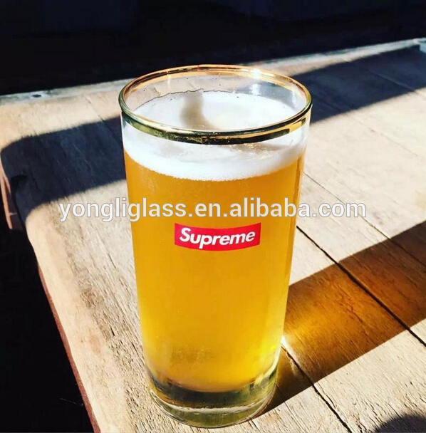 Wholesale 250ml clear drinking wine glass with golden rim, high quality personalized logo pint carlsberg beer glass