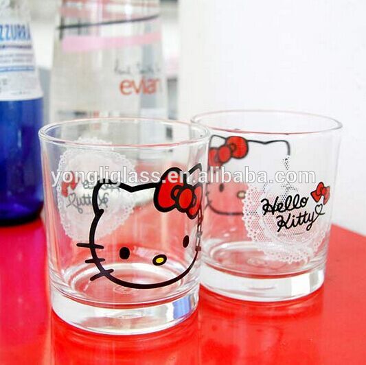 Custom 200ml glass cup with hello kitty print,lovely cartoon drinking cups for children,high quality glass cup wholesale