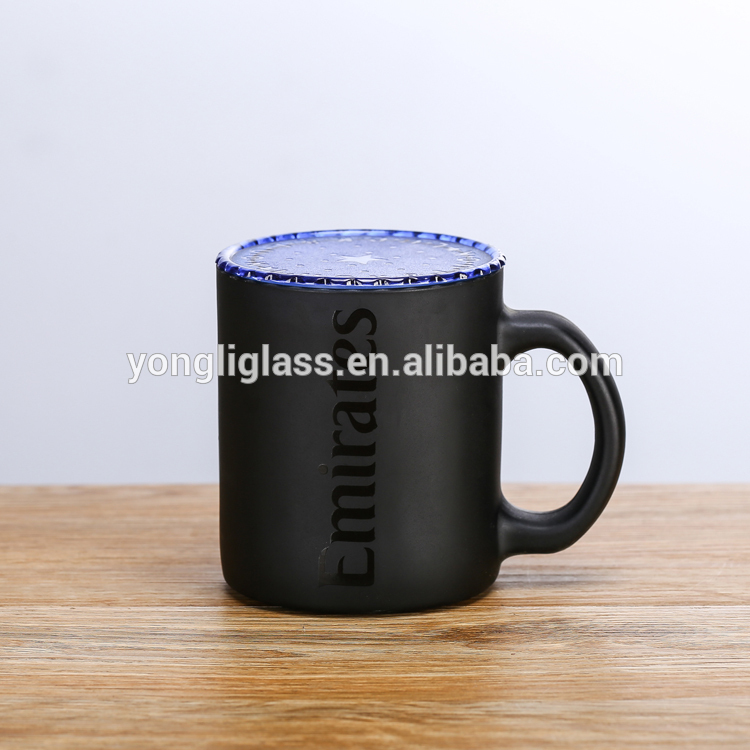 Promotional black glass mug with customized printing, drinking glass cup with plastic lid