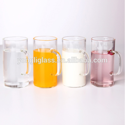 Wholesale high grade lead free clear straight restaurant glass juice cup with glass handle, glass tea drinking cups with handle