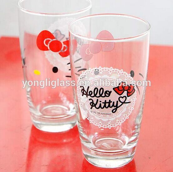 Lovely hello kitty printed glass cup, high quality 410ml water glass cups for children