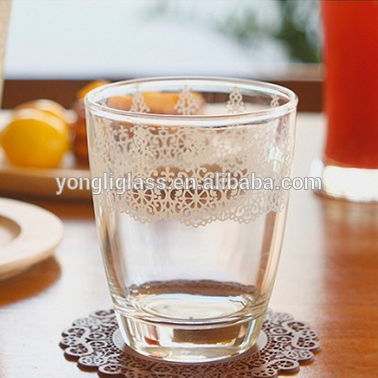 Elegant lace printed 250ml glass cup,exquisite glassware on sale