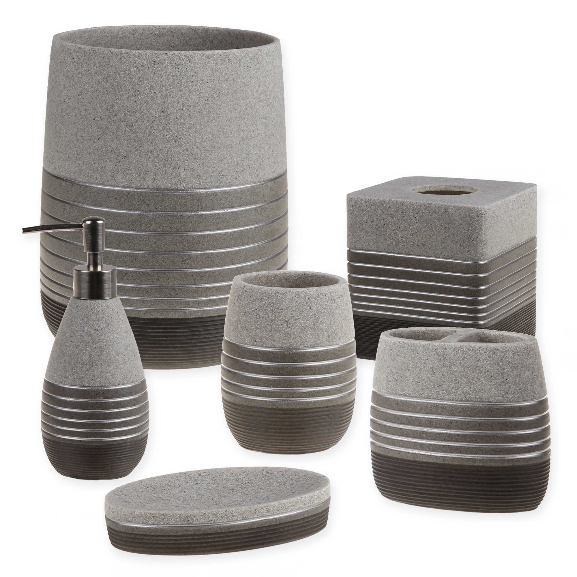 Popular Style 6-Pieces Sandstone Resin & Silver Lines Bathroom Accessories Set For Home & Hotel