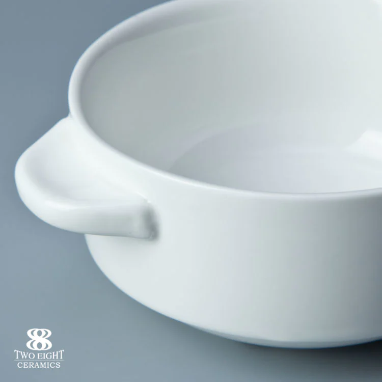 Hotel restaurant home use western serving bowl set soup porcelain bowl with handles and saucer