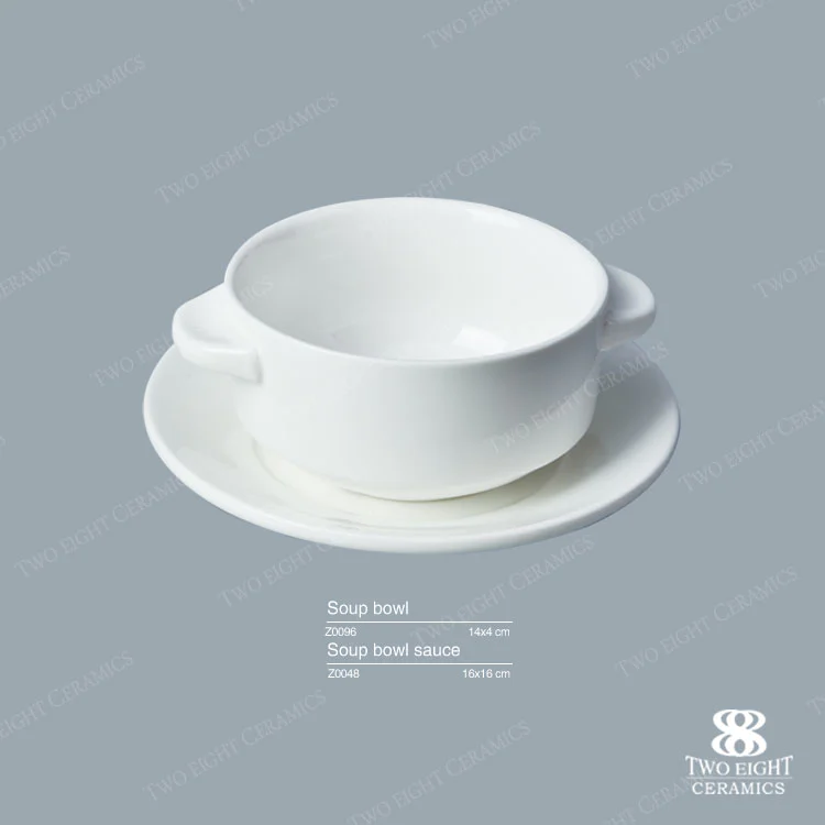 Hotel restaurant home use western serving bowl set soup porcelain bowl with handles and saucer