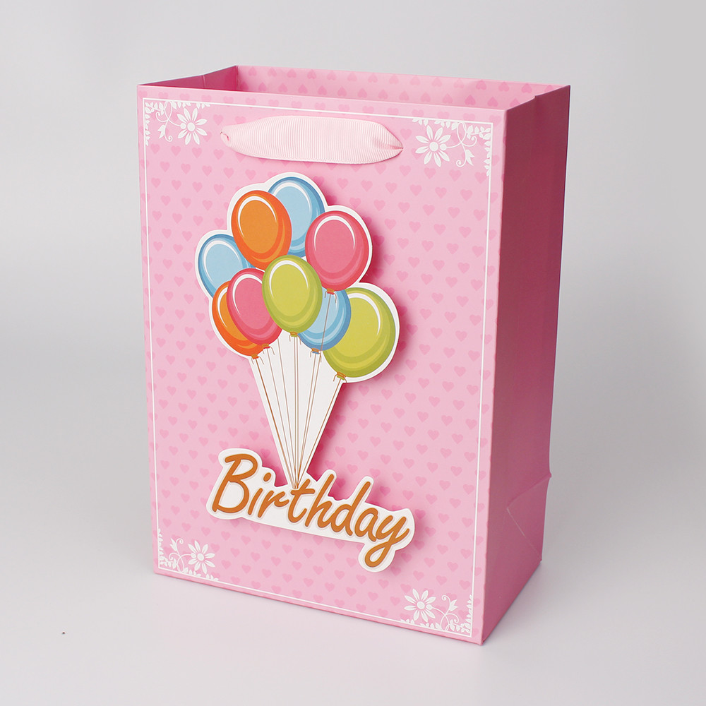 Pink Paper Bag Of Happy Birthday White Cardboard Print Paper Bag With 3D Tips on front