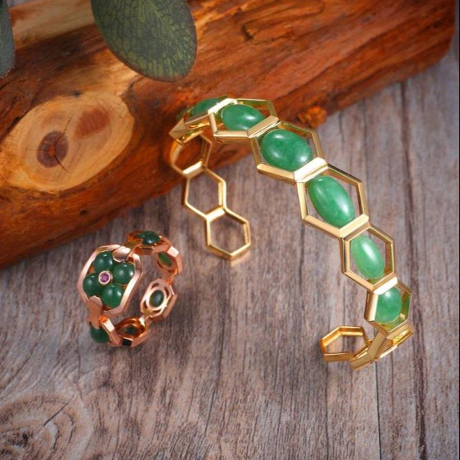 Joacii 925 Sterling Silver 18K Gold Small Jade Chain Natural Green Hexagon Stone Honeycomb Bracelets With Nainen Koruja