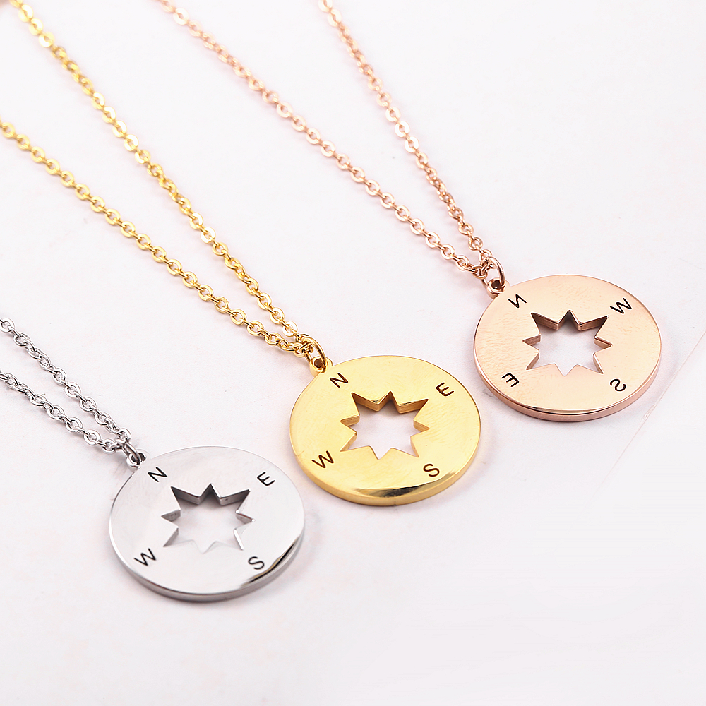 Jaocii RTS Wholesale Stainless Steel Long Chain Silver Gold Compass Small Pendant Necklace For Men