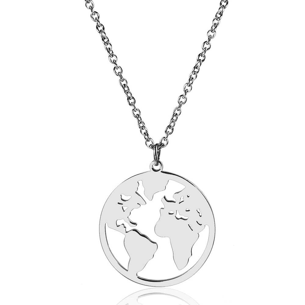 Jaocii RTS Stainless Steel 18k Jewelry World Map Gold Circle Pendant Necklace
