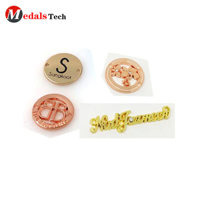 Factory price metallic letter quality rose gold plate jewelry metal labels for clothing brand