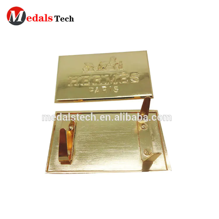 Gold plated metal custom cheap bag nameplate with u clip