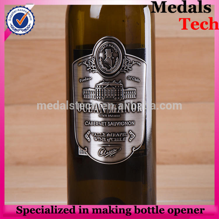 Top selling 3D embossed logo France wine bottle metal label with 3m sticker