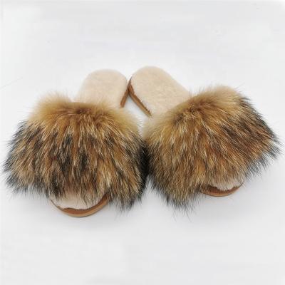 HQS-WS014 Factory luxury customized ladies' wool slippers premium quality winter genuine sheepskin slippers with fox wool