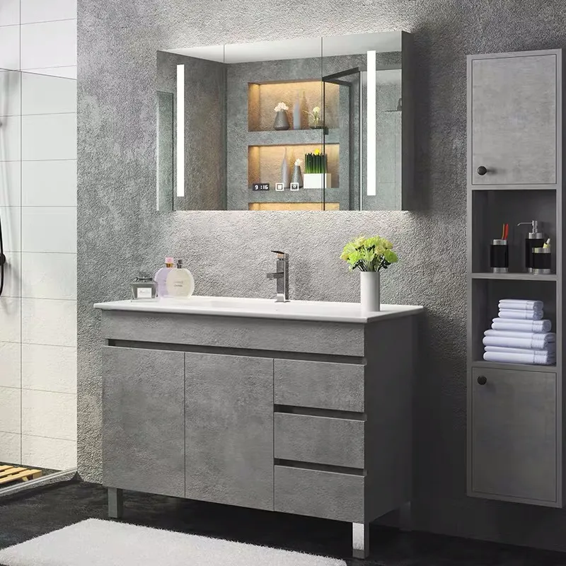 Solid wood bathroom cabinet smart mirror cabinet floor-standing wash basin American wash basin modern minimalist wash basin