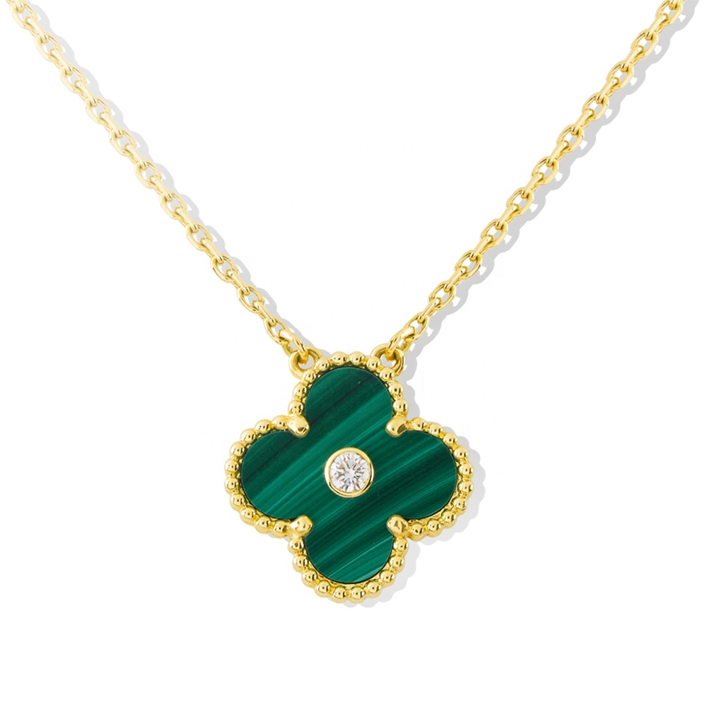 Fashion Girls Peacock Green Clover Gold Necklace 24K, S925 Sterling Silver Christmas Clover Necklace