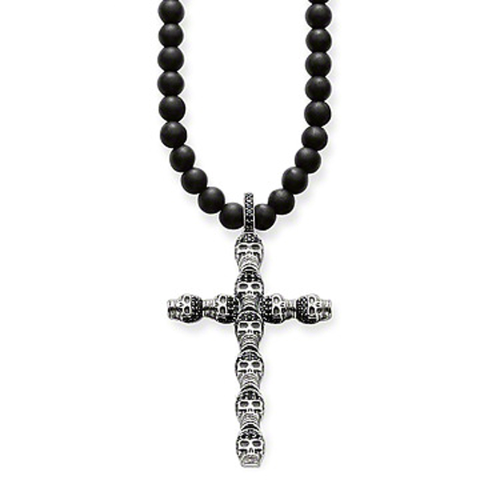 Black beads decor with skull crucifix men pendant