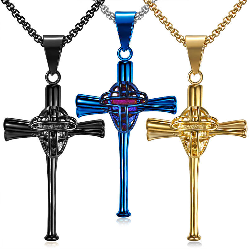 Stainless Steel Sports Series Face Guard Baseball Cross Necklace