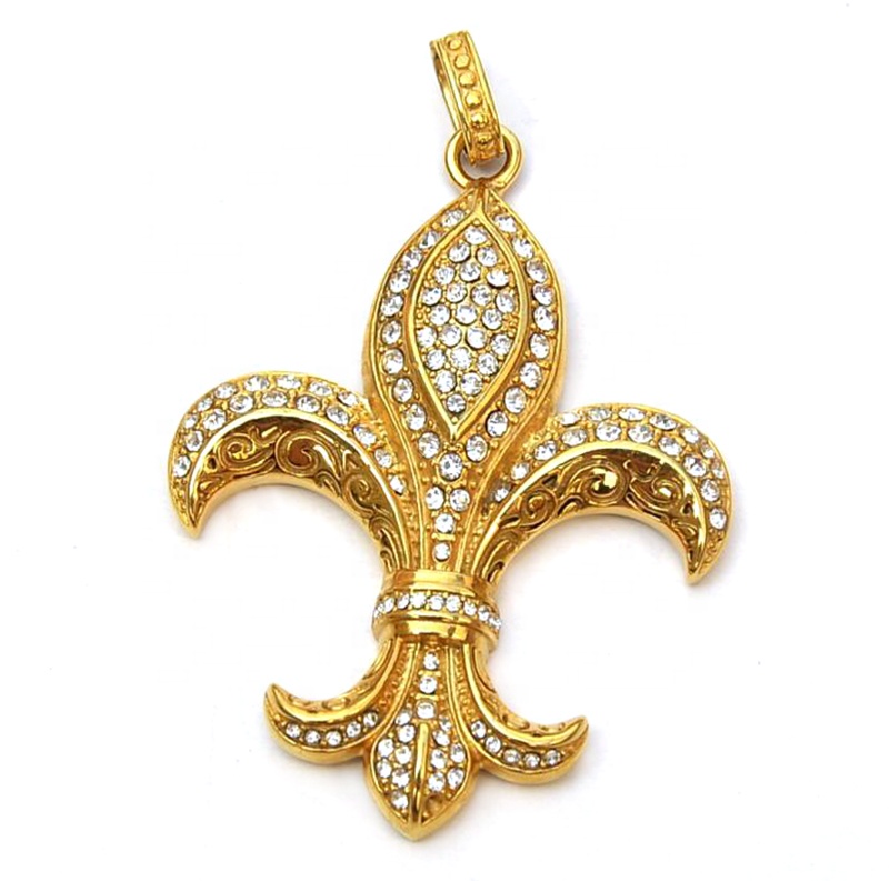 Vintage Style Gold Plated Stainless Steel Flower-De-Luce Necklace Pendant