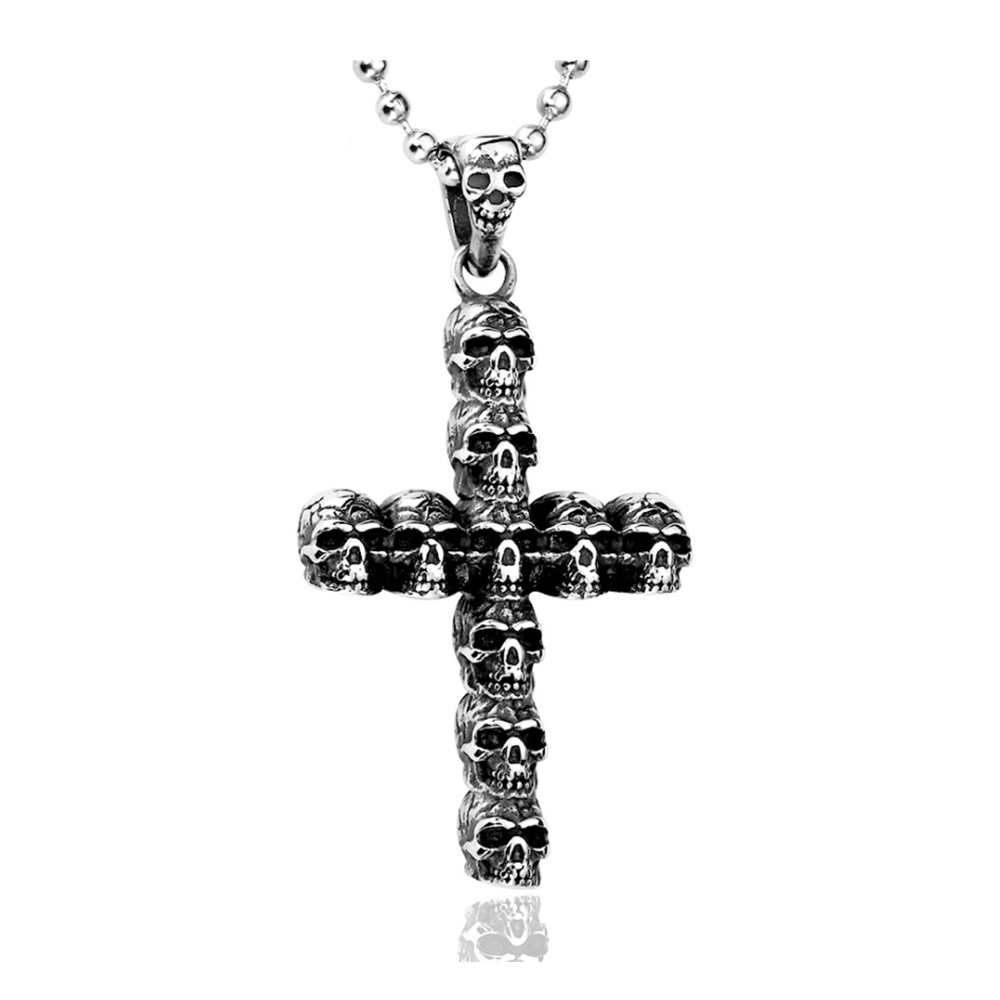 Cross with delicate engraved skull bead necklace single strand