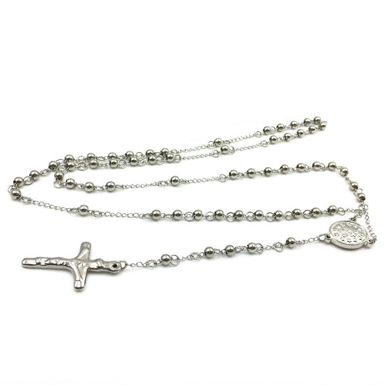 Fashion Cross Stainless Steel Beads Rosary Necklace, Stainless Steel Jesus Necklace