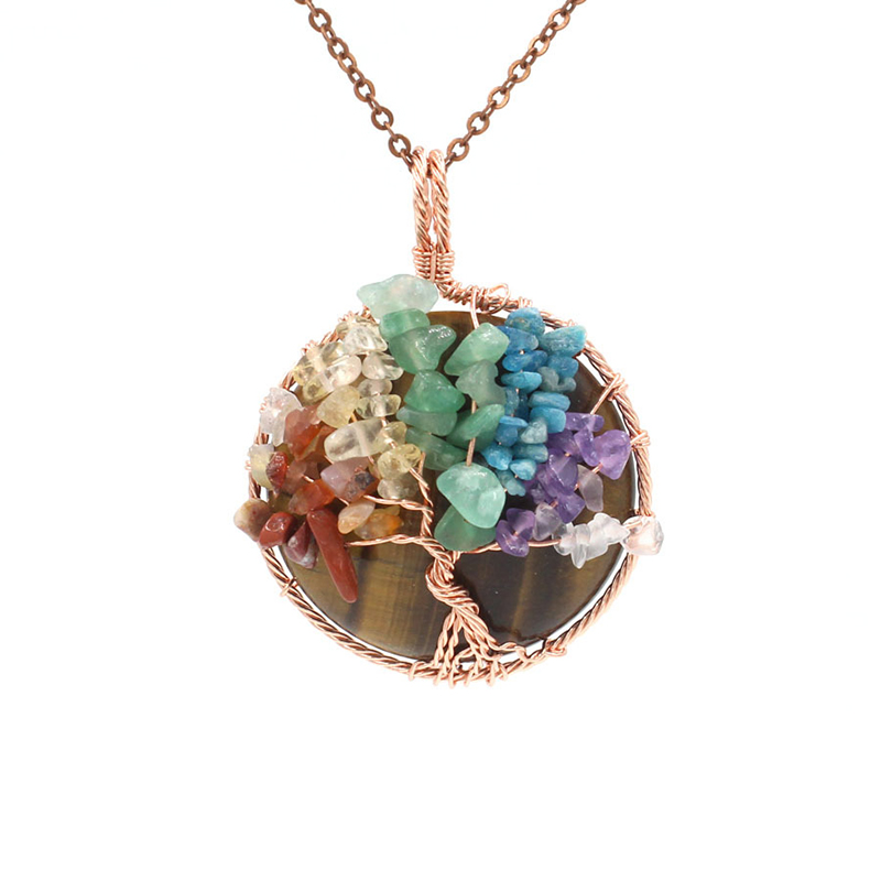 Crystal 7 Color Chakra Cluster Pendant, Tiger's Eye Tree Of Life Pendant