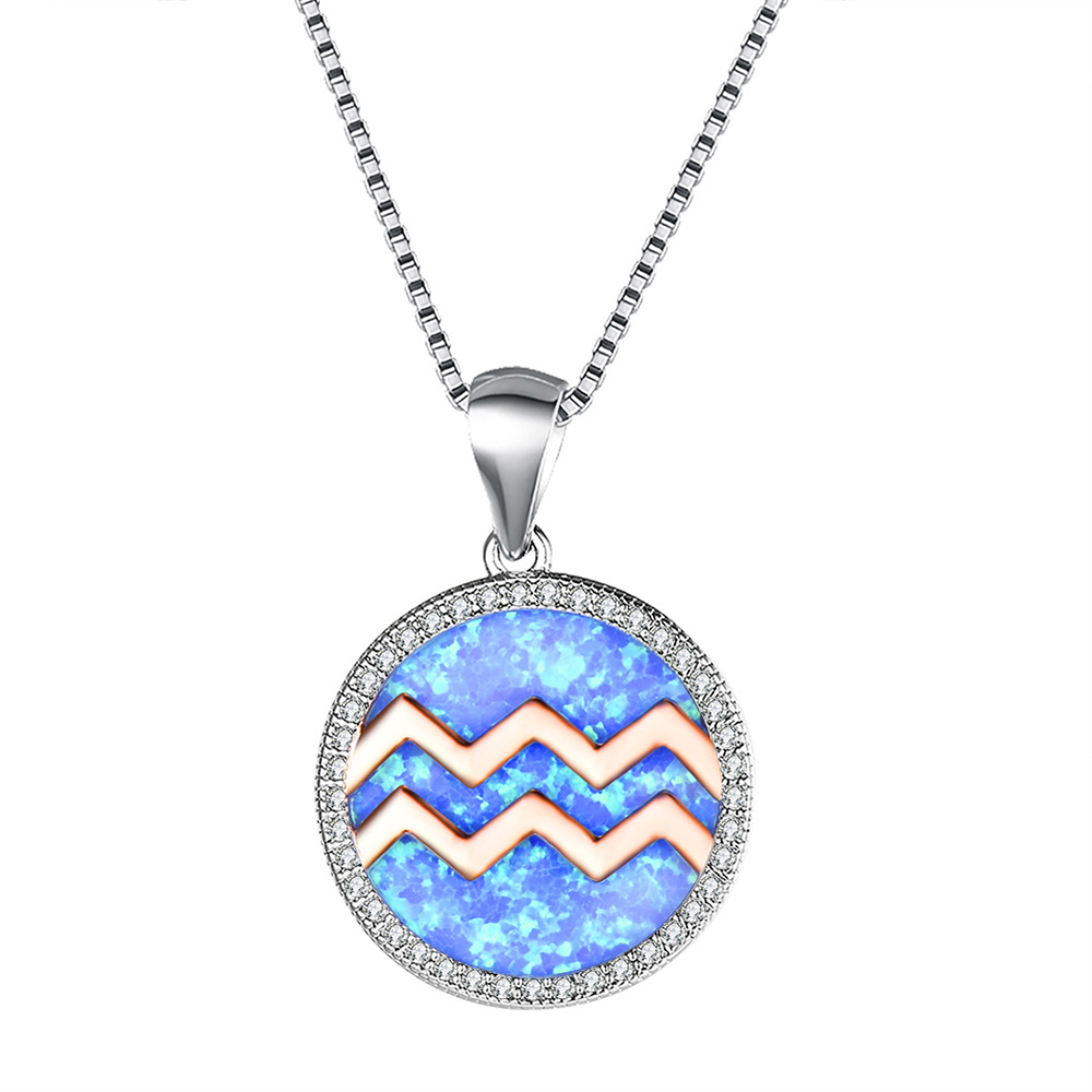 New Oxidized Opal Silver Aquarius Zodiac Pendant Necklace