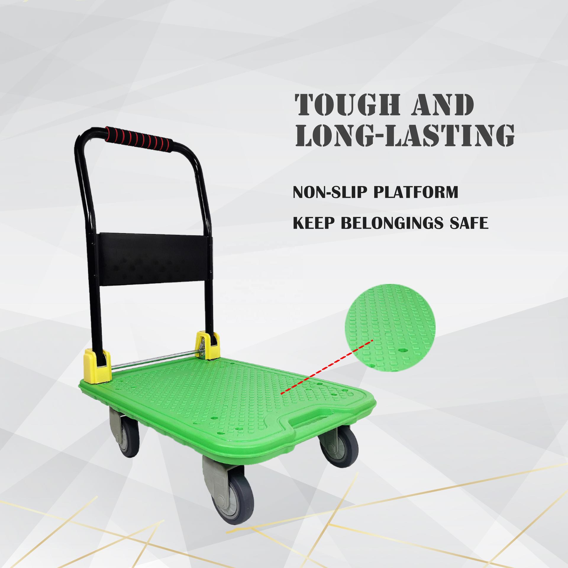 Durable Push Hand Trolley with 4 TPR Swivel Bearing Plastic Wheels660 Lbs Capacity Green Folding Platform Truck Flatbed Cart