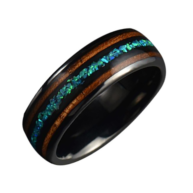Tungsten Stainless Steel Jewelry Ceramic Inlaid With Double Wood Opal Ring
