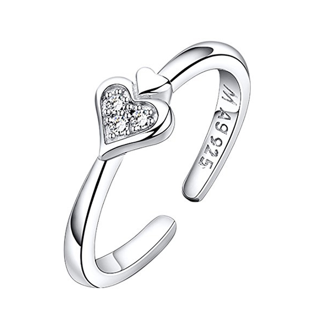 Shiny 925 Silver Triangle Stone Heart Design Stretch Toe Rings