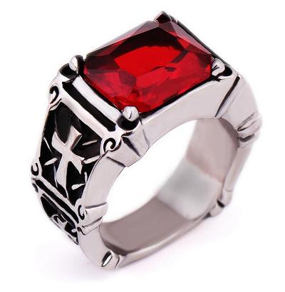 Fashion Hiphop Stainless Steel Ring With Red Gemstone For Men