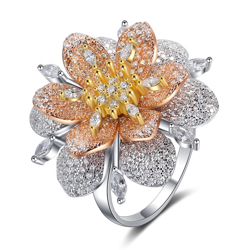 Flower Rose Gold Plated Jewelry S925 Silver Micro Pave Zircon Luxury Party Wedding Ring Girl