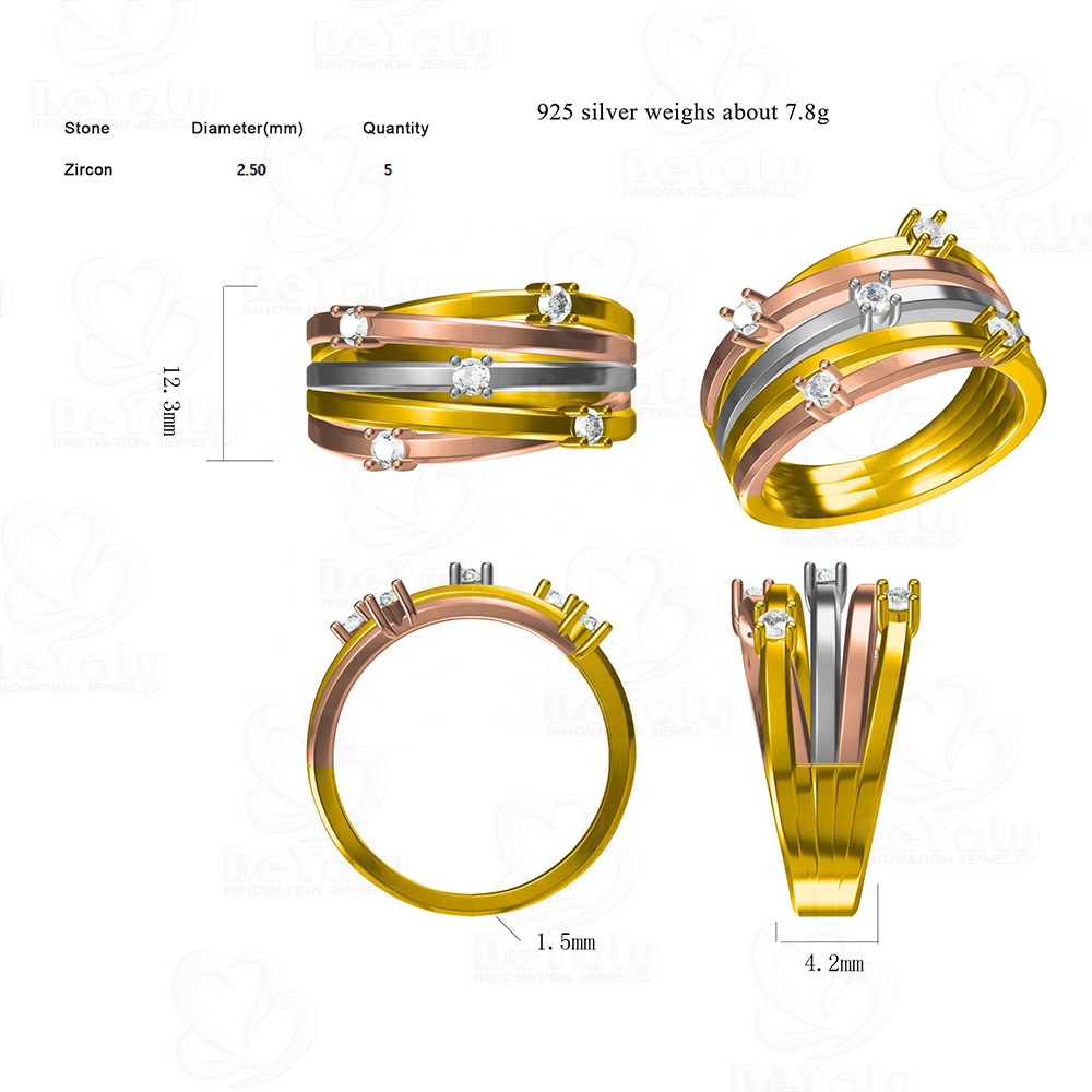 Beyaly CAD Custom Jewelry Five Zircon Ring Wide Style With Twist Design