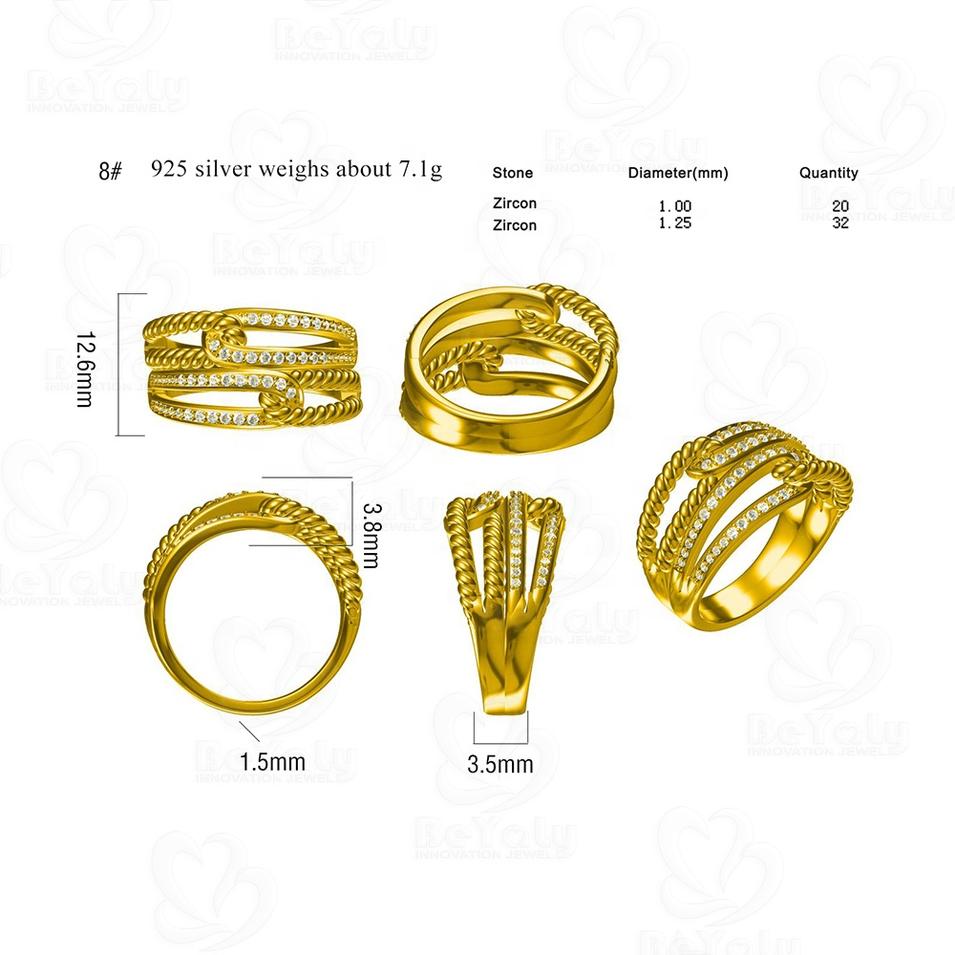 Beyaly CAD Custom Jewelry Twist Double Clasp Design Golden Ring With Zircon