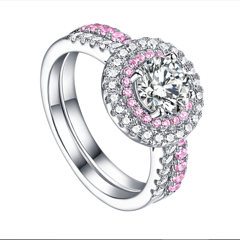Double Halo Double Round Circle Clear And Pink Cz Silver 925 Wedding Ring