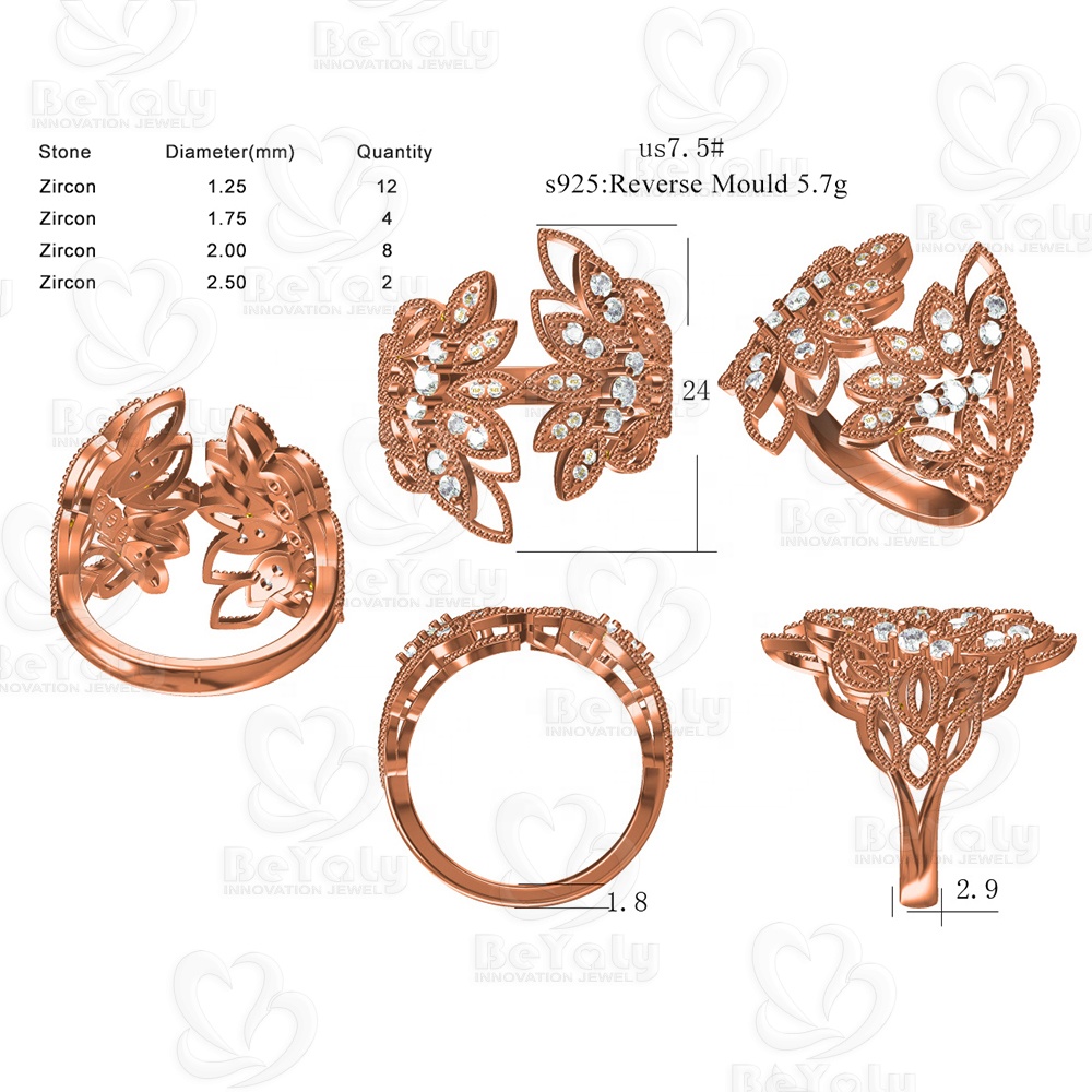 Beyaly CAD Custom Jewelry Rose Gold Colored Wide Rings With Feathered Wings Design