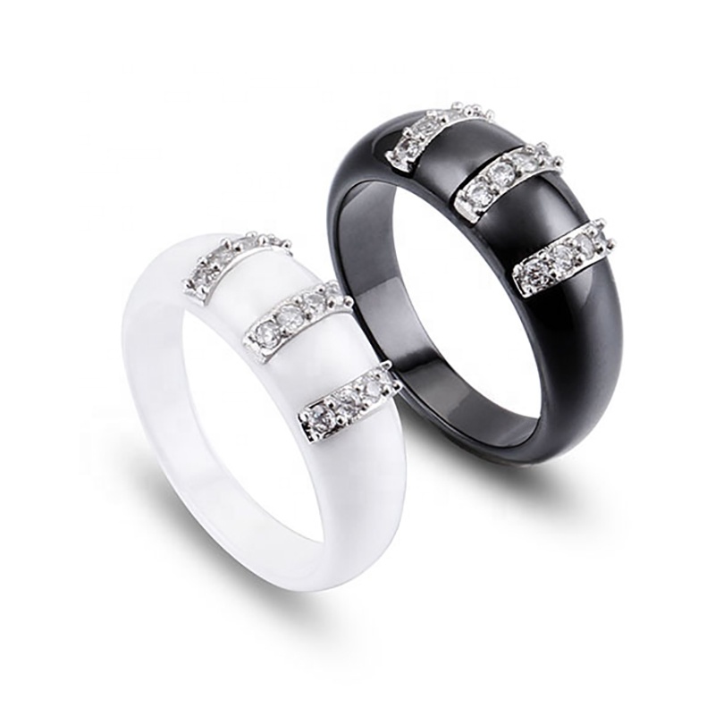Black And White Ceramic Stainless Steel Rings With Three Row Zircon