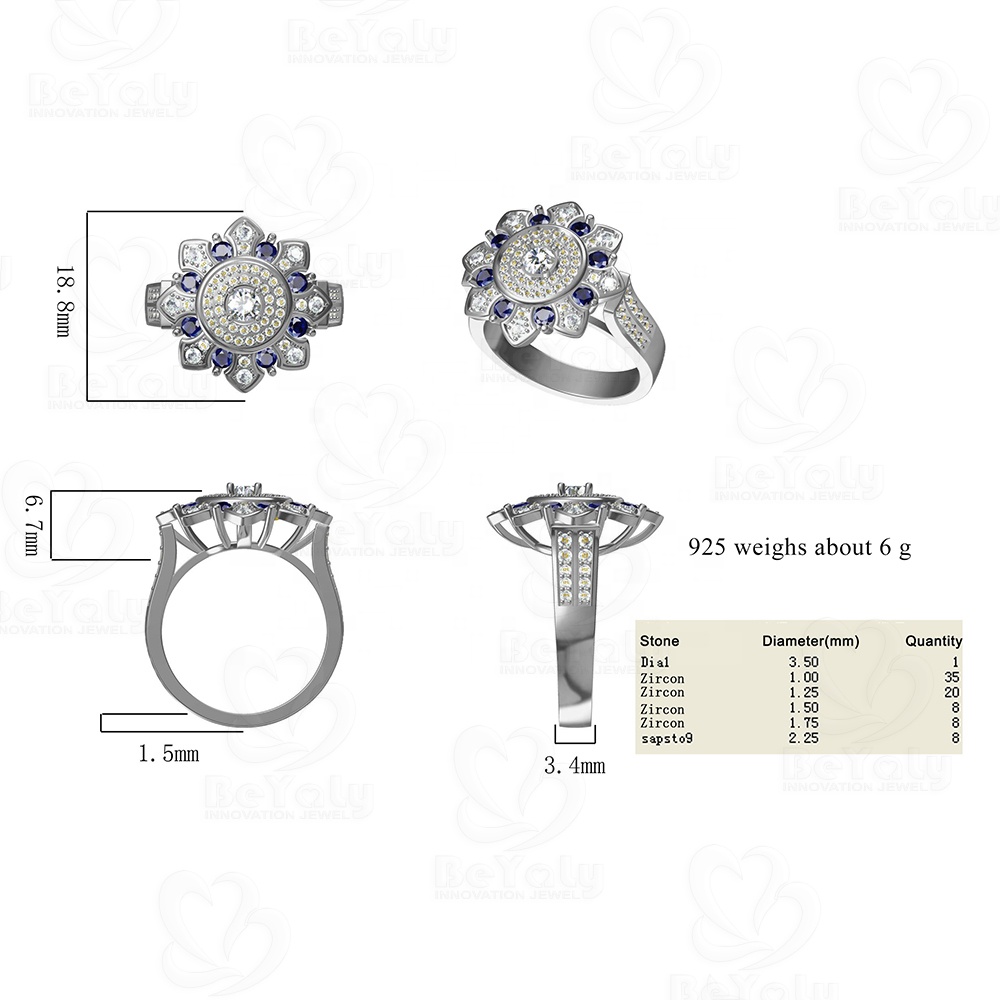 2020 New Design Flower Shaped Silver Gemstone Ring For Men And Women