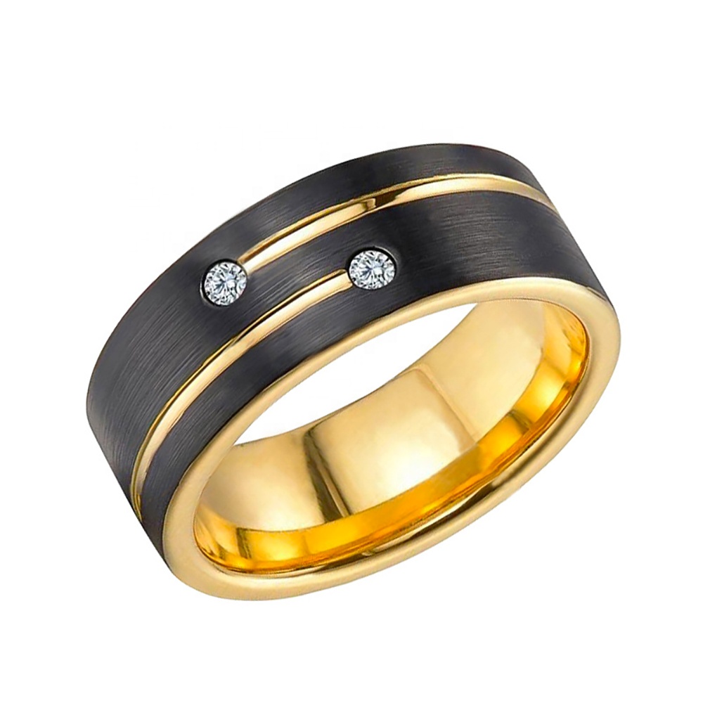 Black Enamel Simple Tungsten Ring With Gold Plated