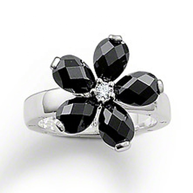 Flower Design Silver Rings Jewelry Black Obsidian Diamond Finger Ring