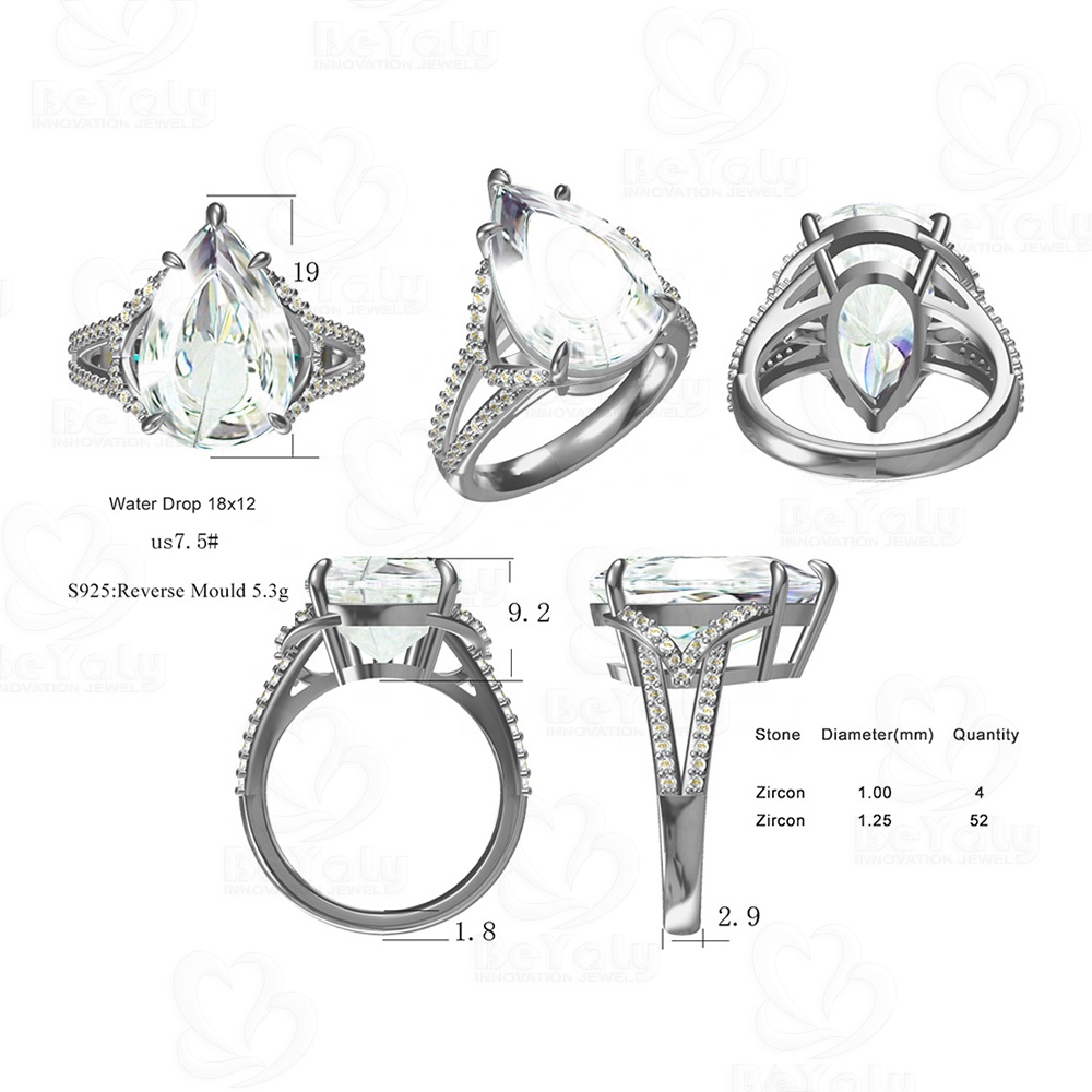 Beyaly CAD Custom Jewelry Water Drop Gemstone Woman Silver Ring