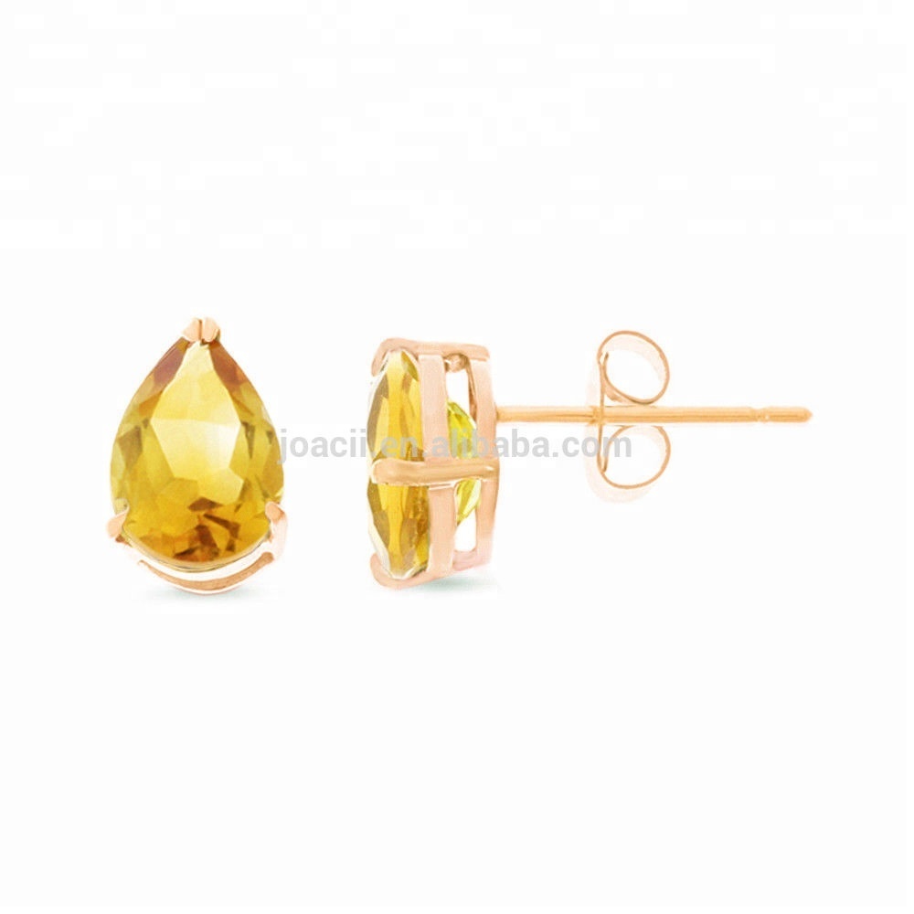 Genuine Natural Citrine Solitaire Stud Earrings Pear Shape Gemstone 14K White Yellow Gold With Joalheria