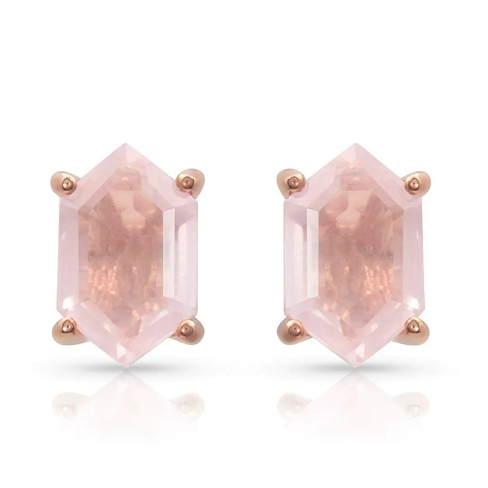 925 sterling silver Hexagon natural rose quartz stud earrings For Custom Natural Gemstones Set