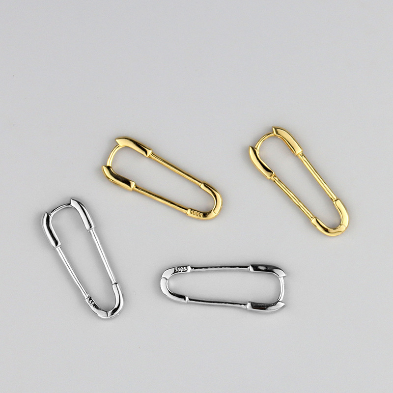925 Sterling Silver European& American Personalized Paper Clip Shaped Gold Plated Creative Funny Stud Earrings