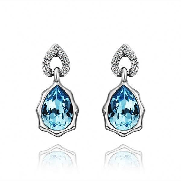 Blue Rhinestone Water Drop Design Women Silver Stud Earrings With Bijoux Femme